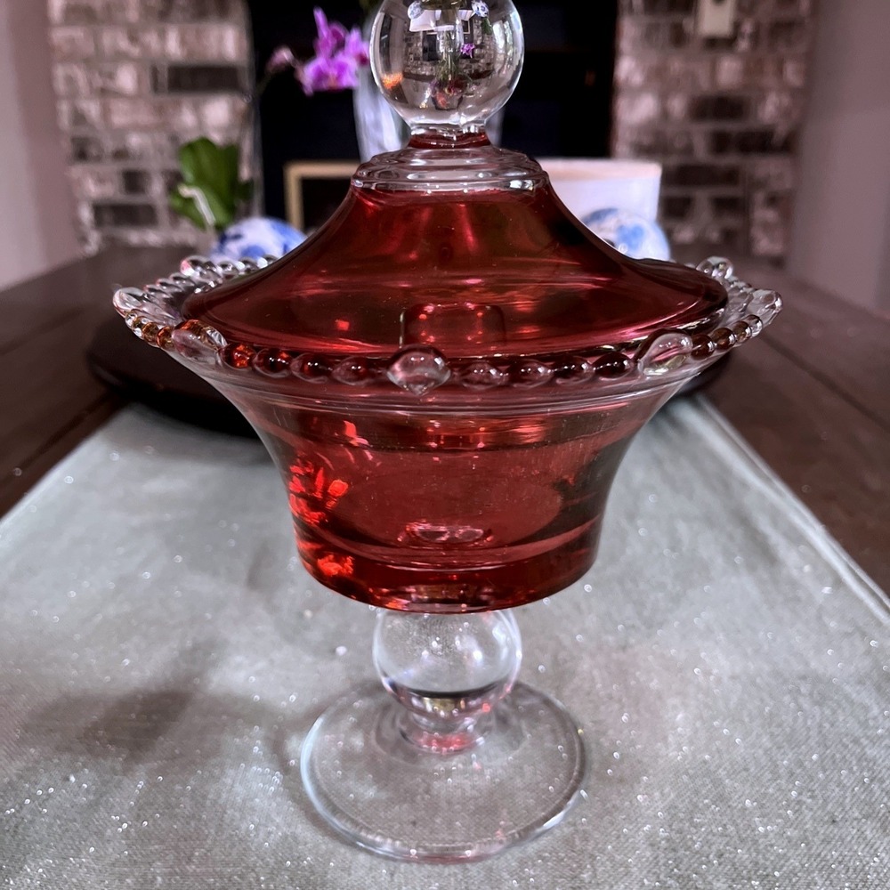 VTG 30s Cranberry Paden City Glass Flashed Vermillion LineCompote Candy Dish 9"